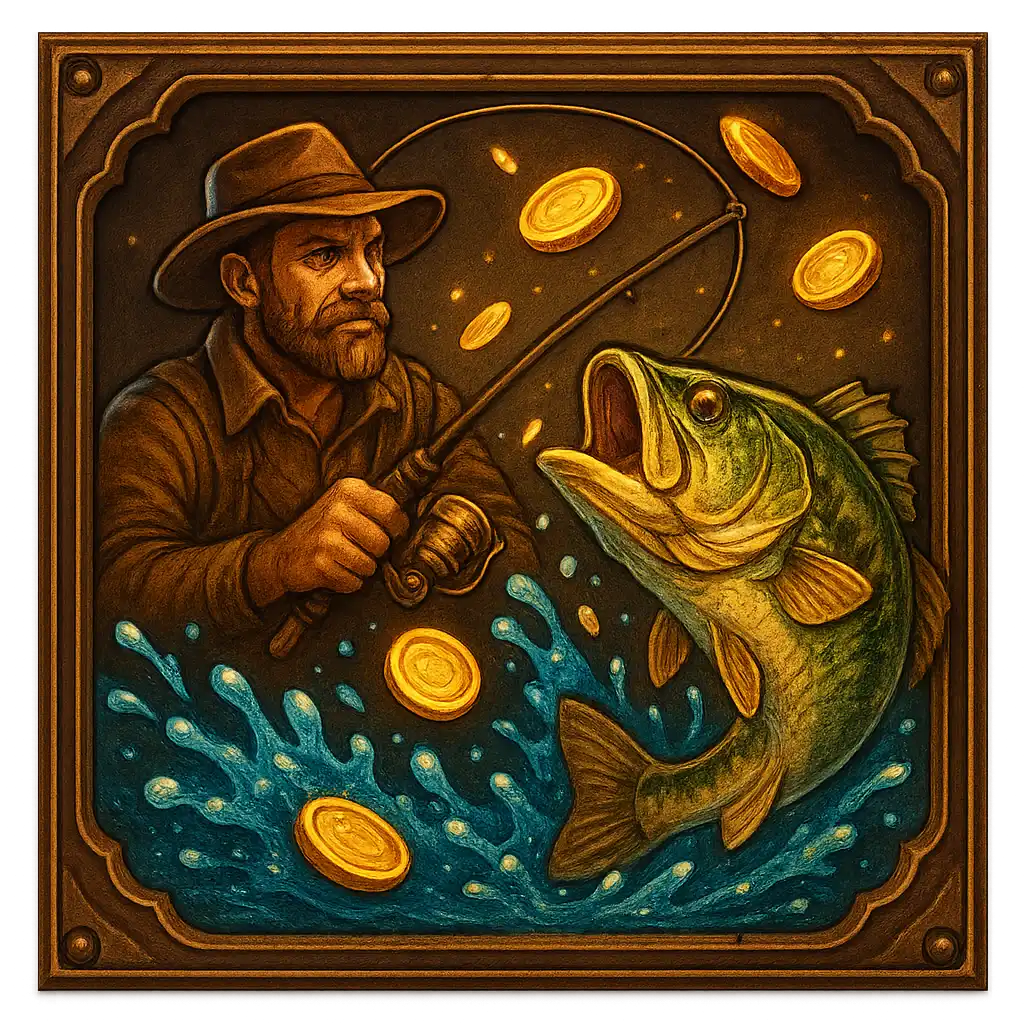 Big Bass Splash slot game artwork in dark oak and brass explorer club style
