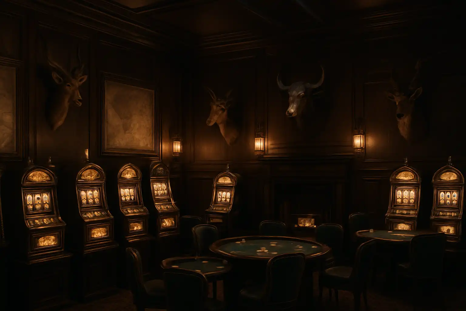 Grand lounge of the GambleGorilla Explorer's Society with dark oak panelling, antique maps and brass lanterns