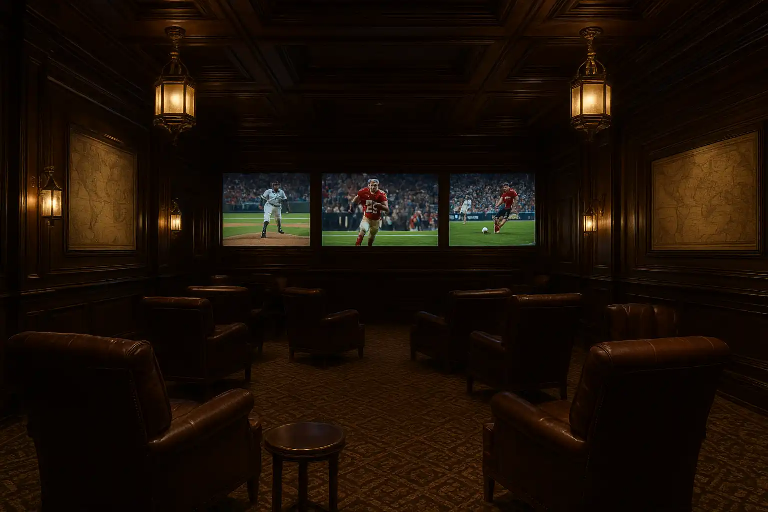 Luxury sportsbook lounge inside the GambleGorilla Explorer's Society with dark oak wood, brass lanterns and match screens