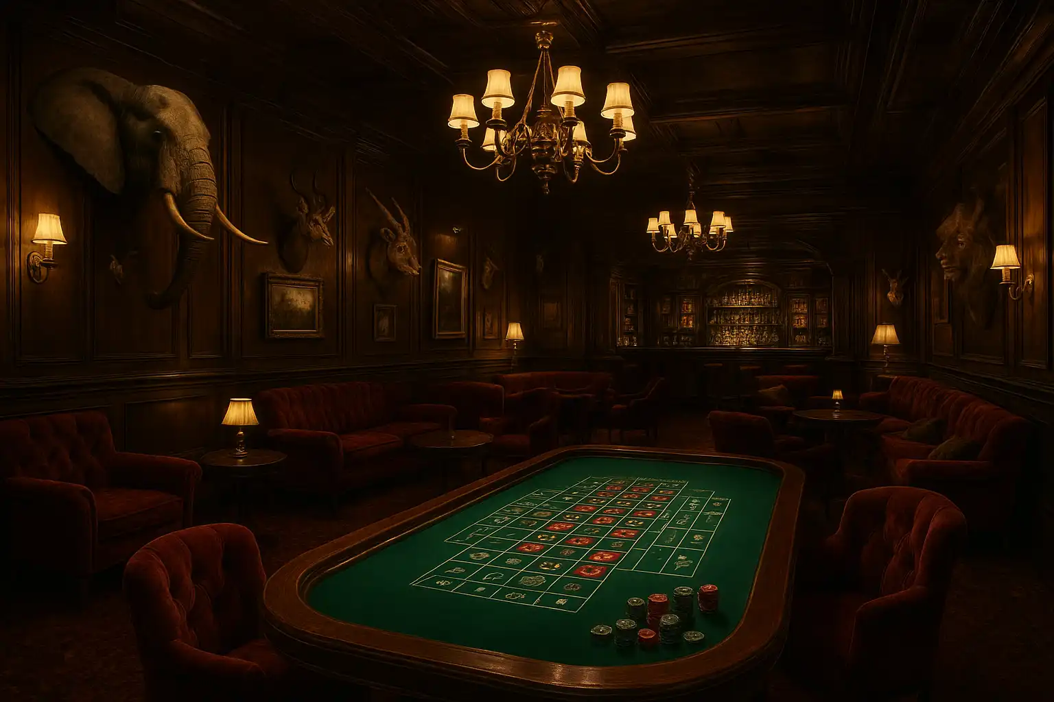 Exclusive VIP lounge at the GambleGorilla Explorer's Society with velvet seating, brass chandeliers and safari trophies
